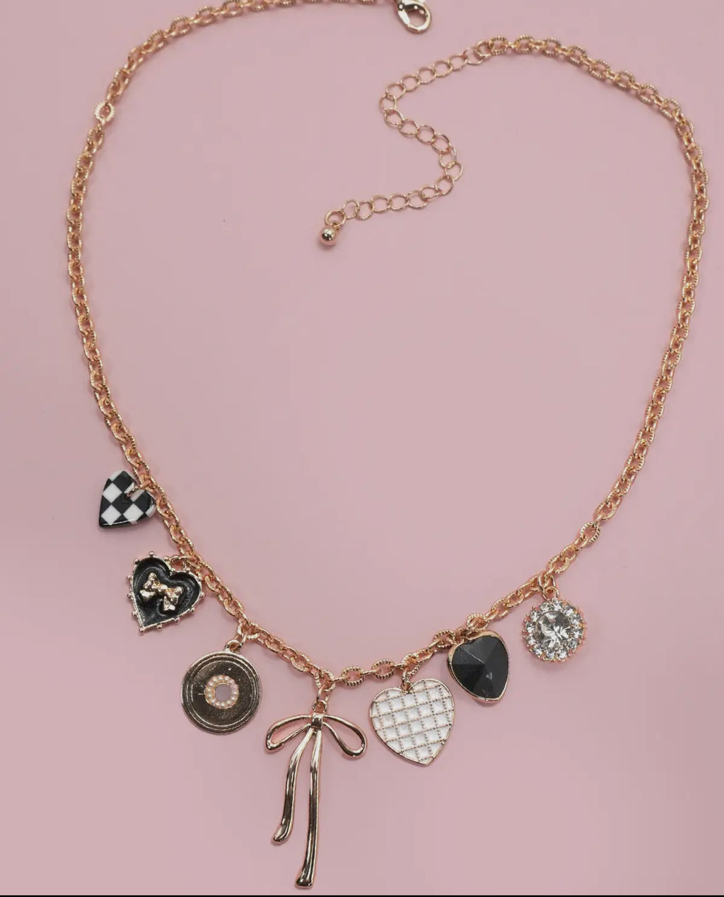 Charm Necklace-Bow Checker Heart Rhinestones