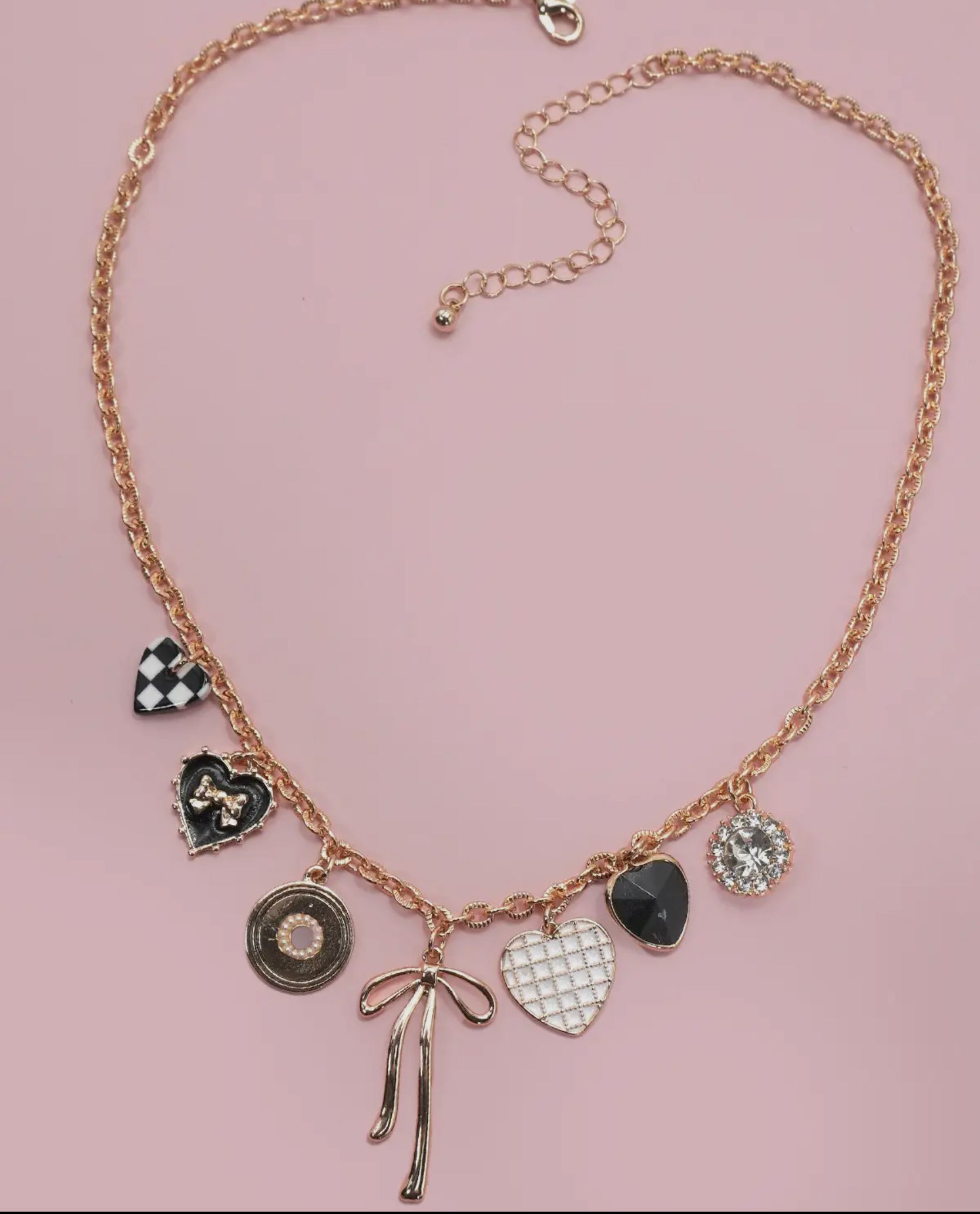 Charm Necklace-Bow Checker Heart Rhinestones