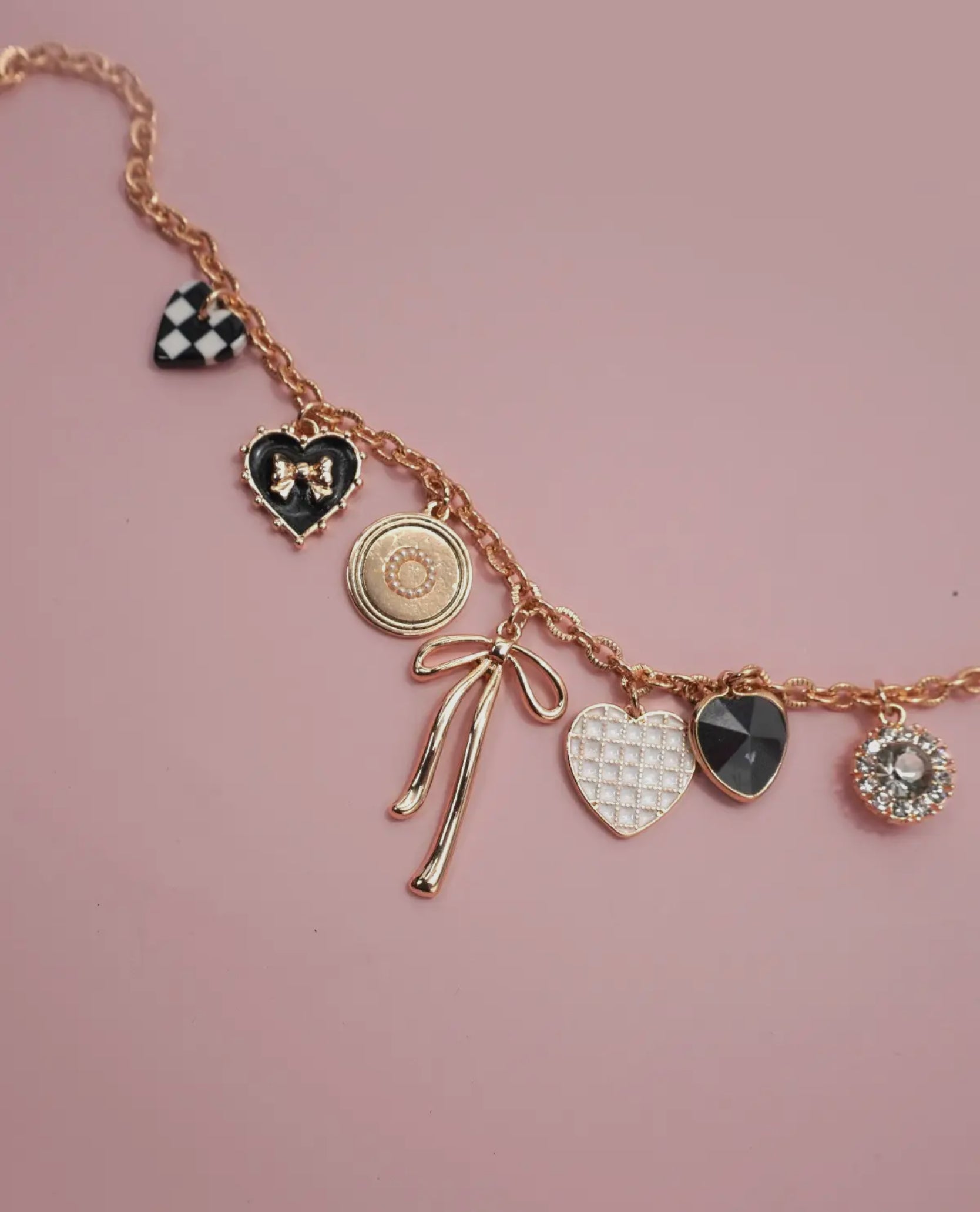 Charm Necklace-Bow Checker Heart Rhinestones