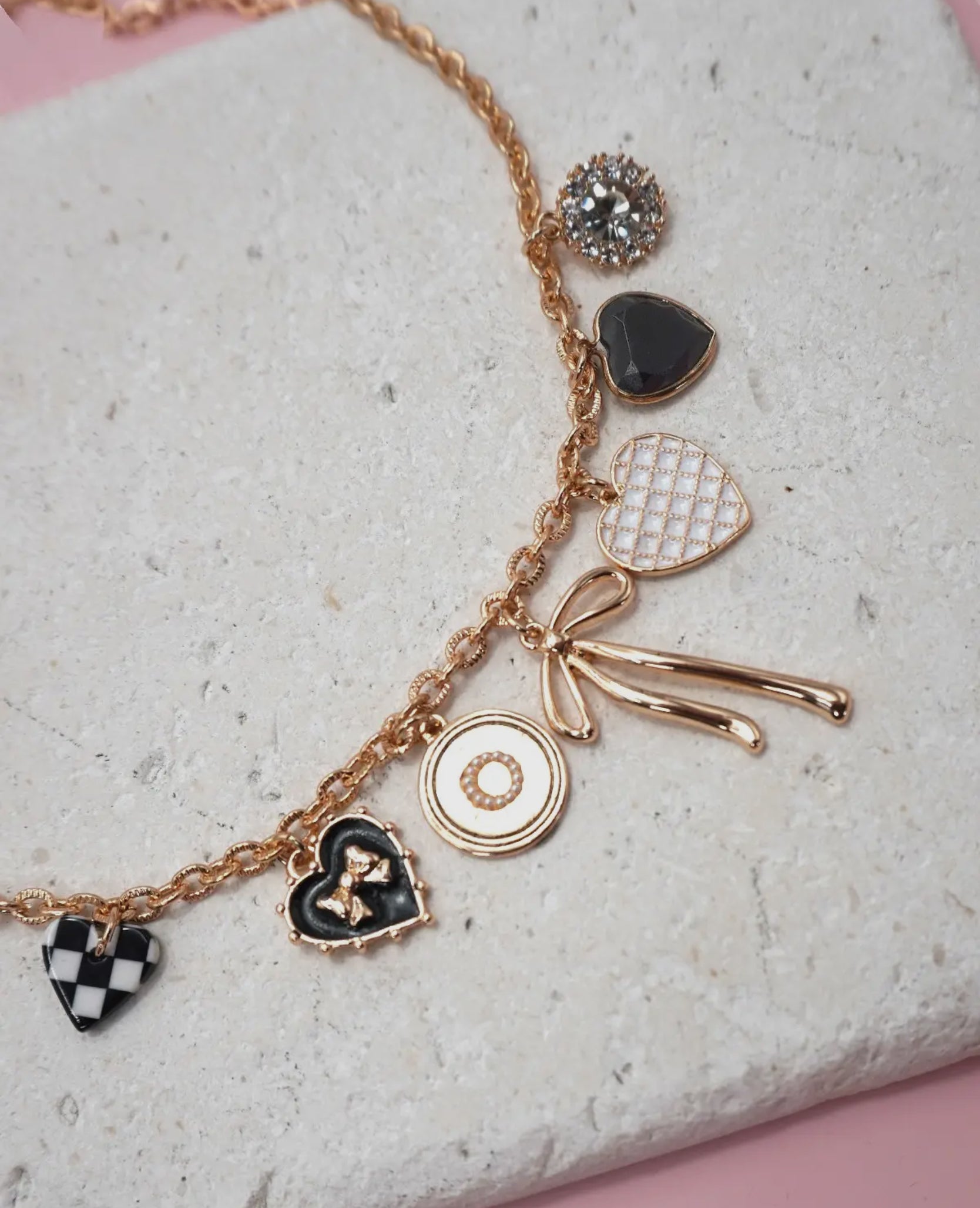 Charm Necklace-Bow Checker Heart Rhinestones